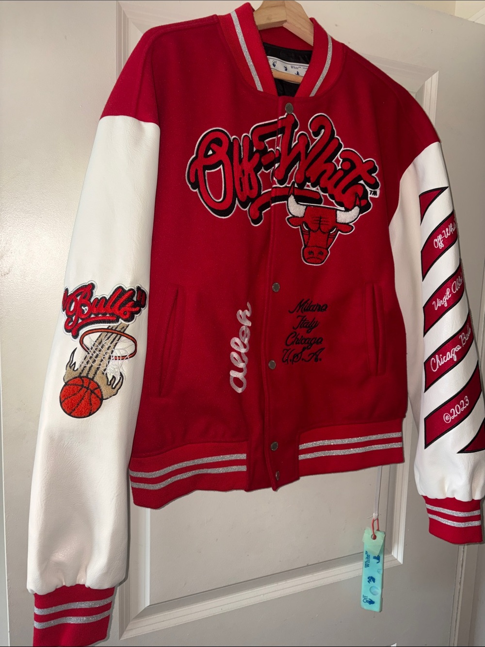 Off-White Red and White Kids Varsity Jacket with Chicago Bulls Graphics